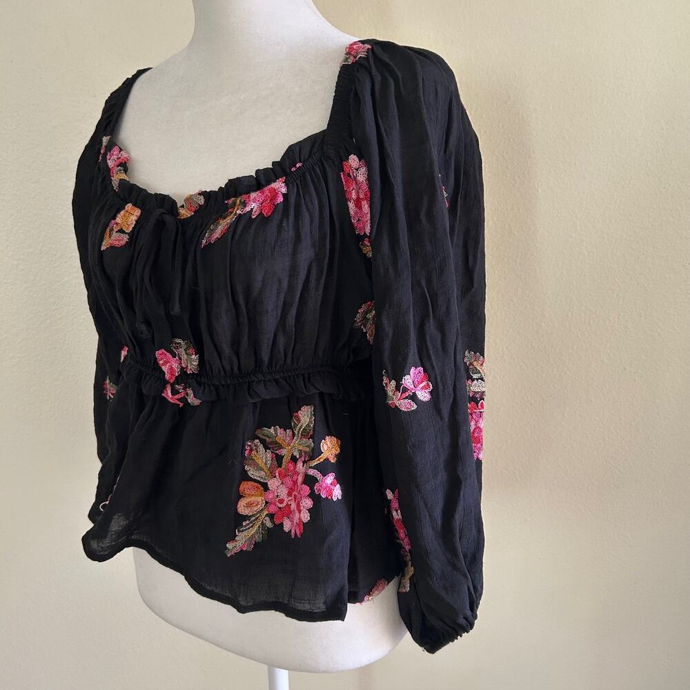 Wild Moss Crop Top L Black Floral Embroidered Boho Babydoll Peasant Festival Y2k - Picture 4 of 8